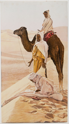 [nomad with camel, praying in the desert]